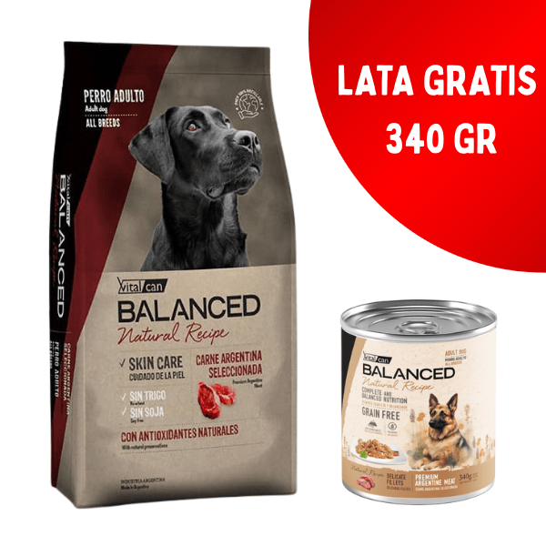 Vitalcan Balanced Perro Adulto | Natural Recipe | Carne Argentina - 15 Kg | Lata Carne Gratis - 340 Gr