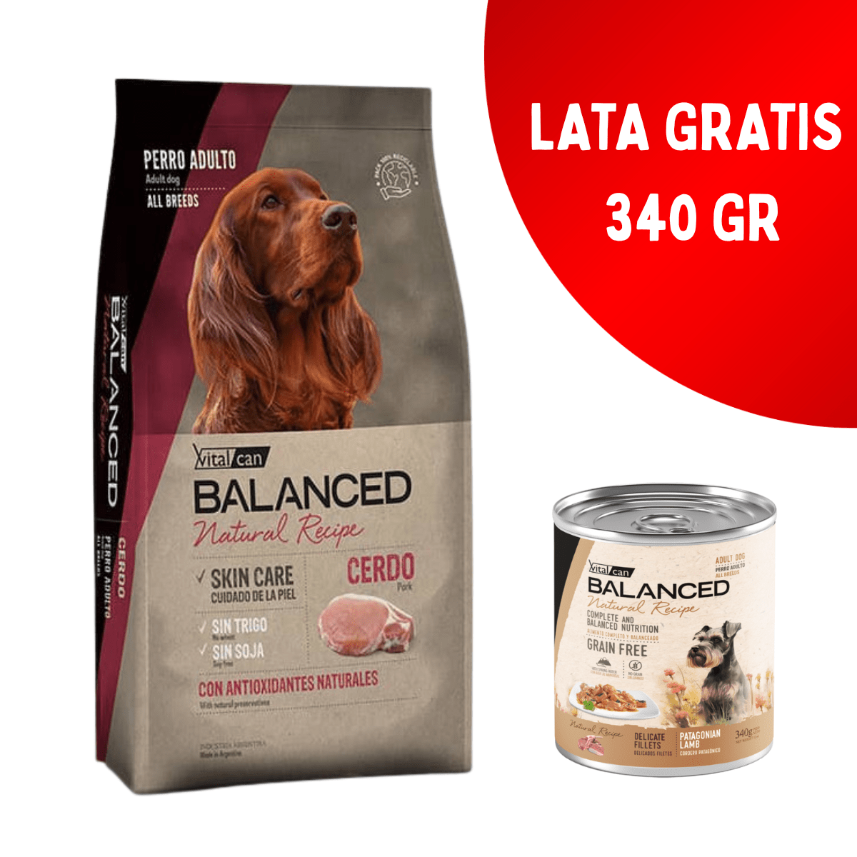 Vitalcan Balanced Perro Adulto | Natural Recipe | Cerdo y Arroz - 15 Kg | Lata Cordero Gratis - 340 Gr
