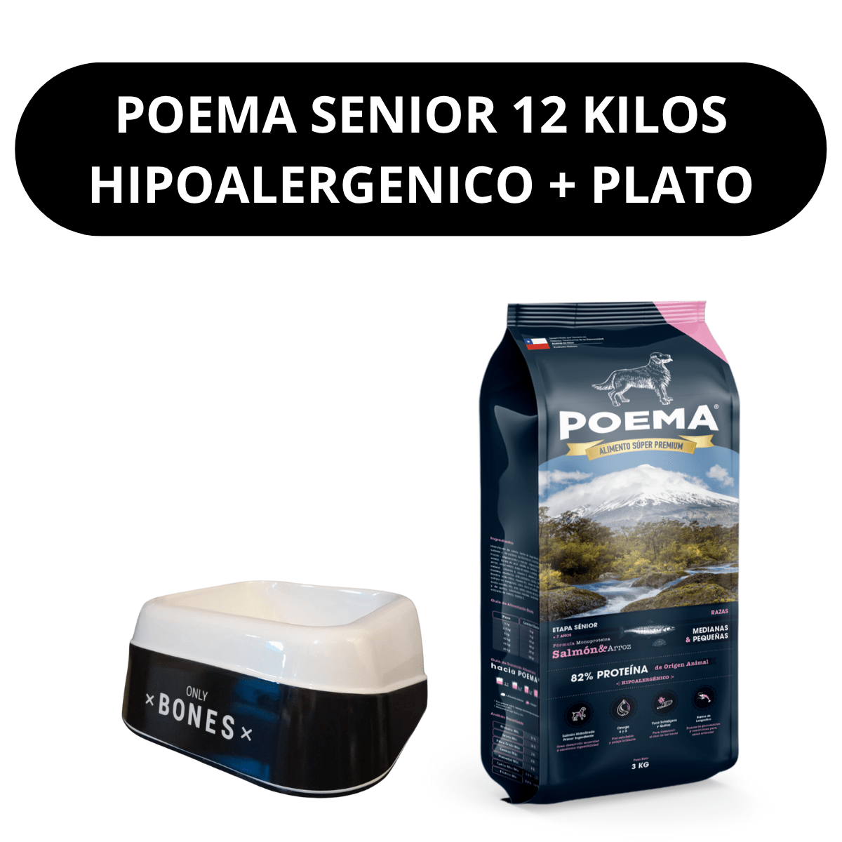 Poema Perro SENIOR | Alimento Premium | Razas Medianas y Pequeñas | Salmón y Arroz - 12 Kg | Plato de Regalo